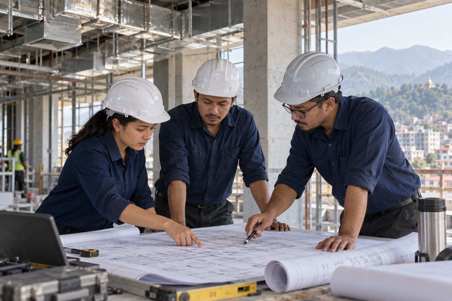 Illustrative Nepalese engineering team reviewing plans